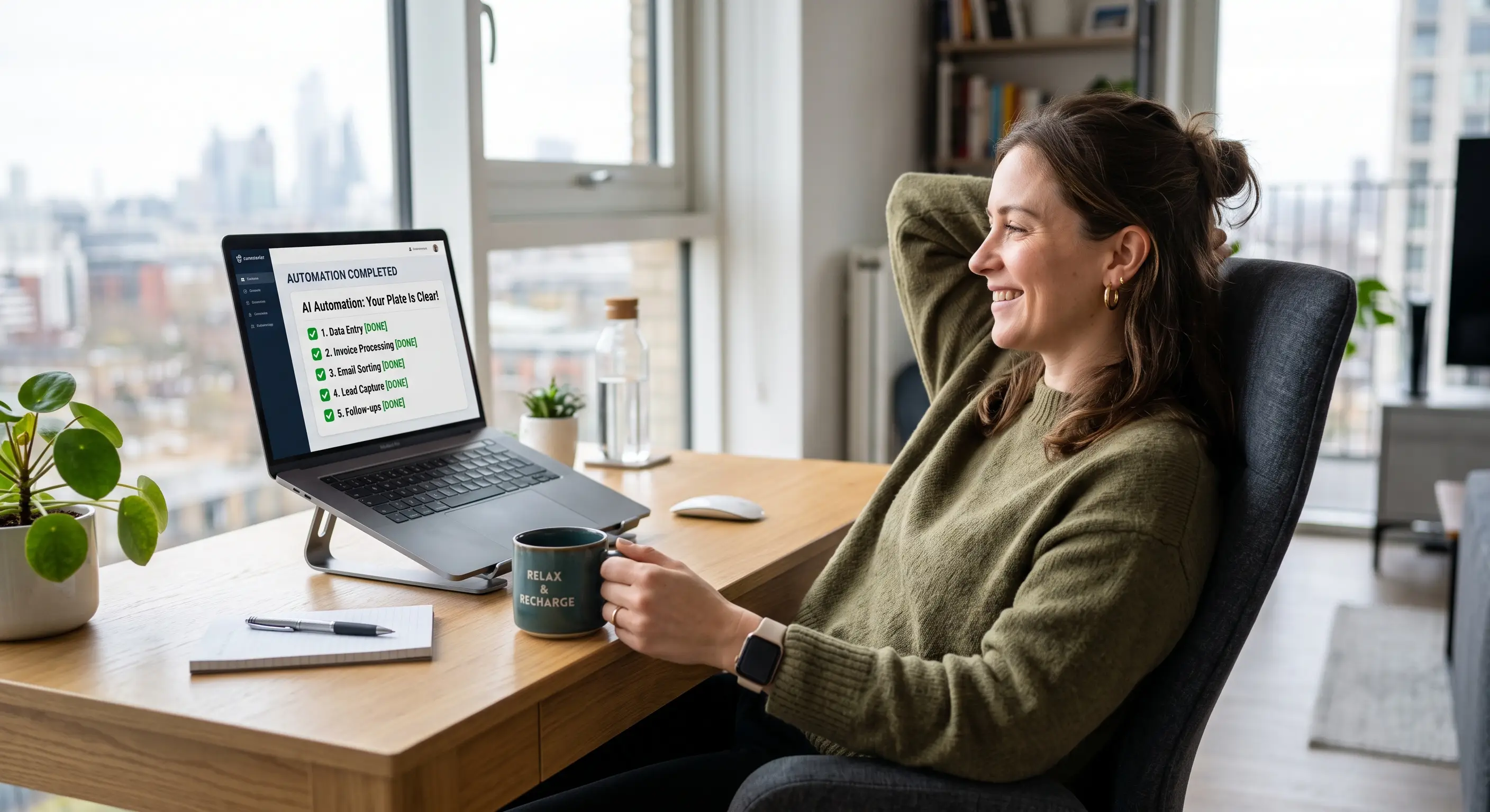 A business owner relaxing at her desk while AI automation handles routine tasks