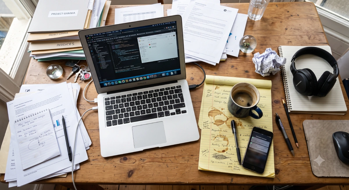 A table with folders and documents
