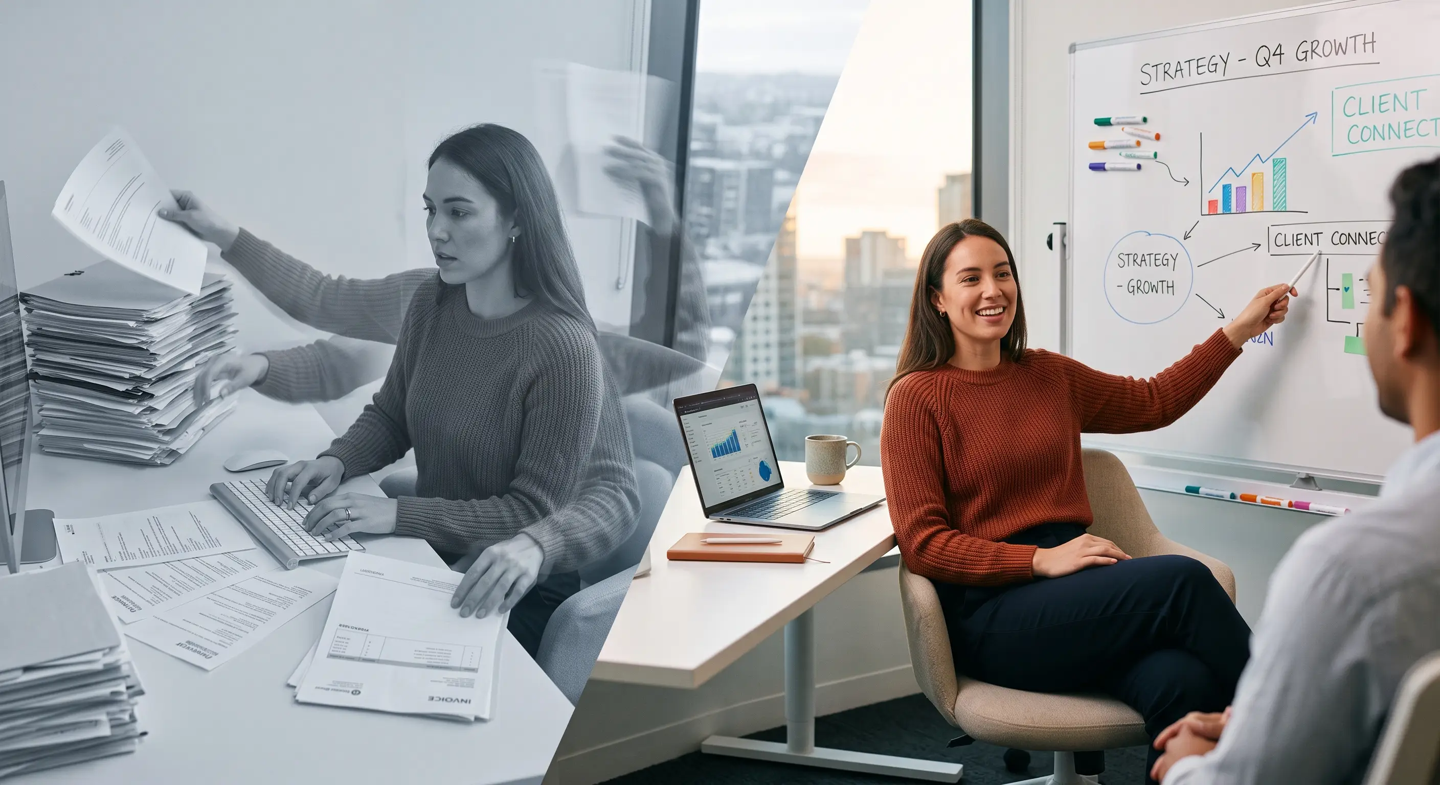 A contrast between rushing paperwork and data entry, versus focusing on the important stuff because the routine is handled by AI