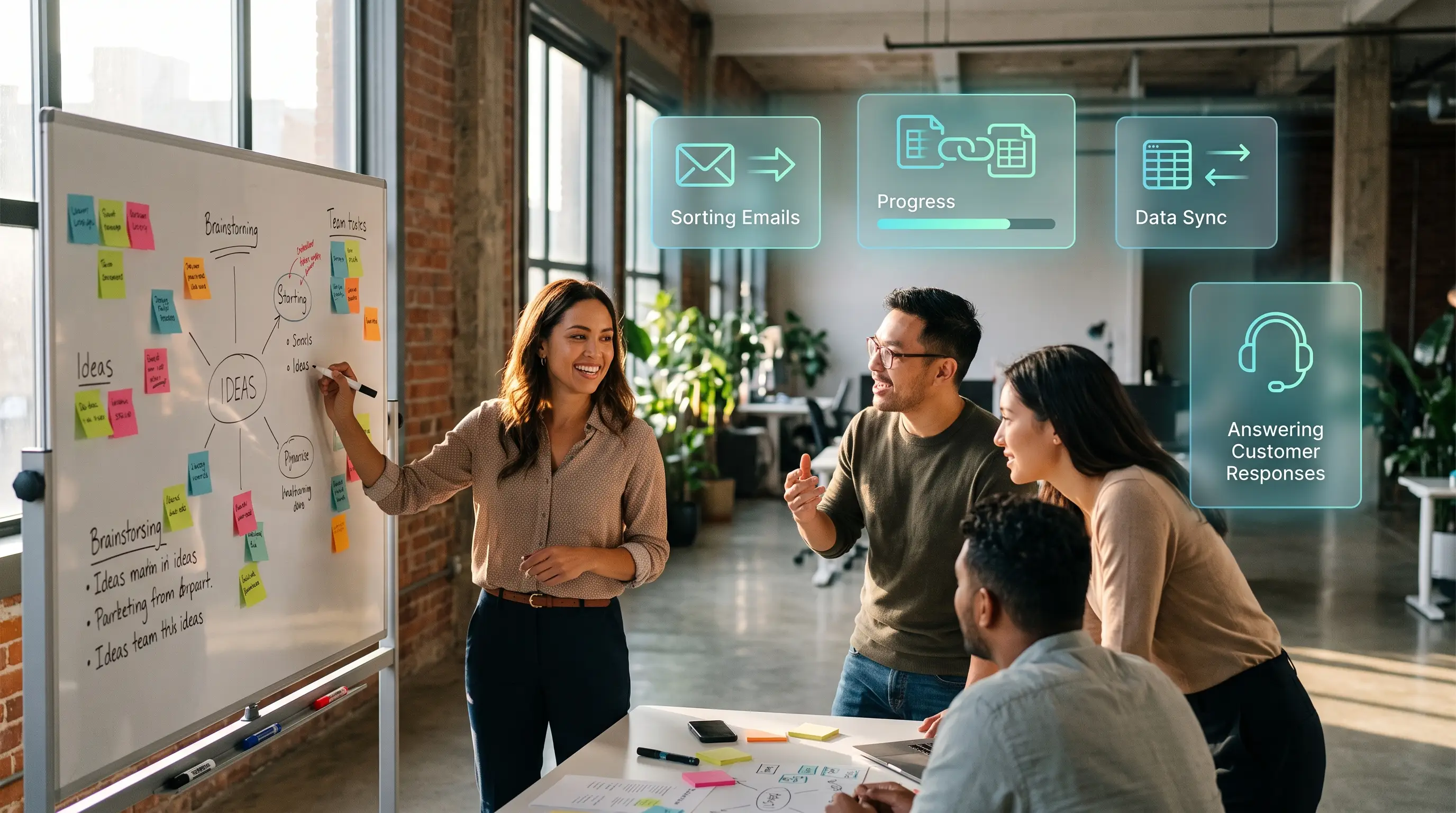 A team discussion while AI is handling the routine chores of sorting emails, syncing data, and answering customer inquiries.