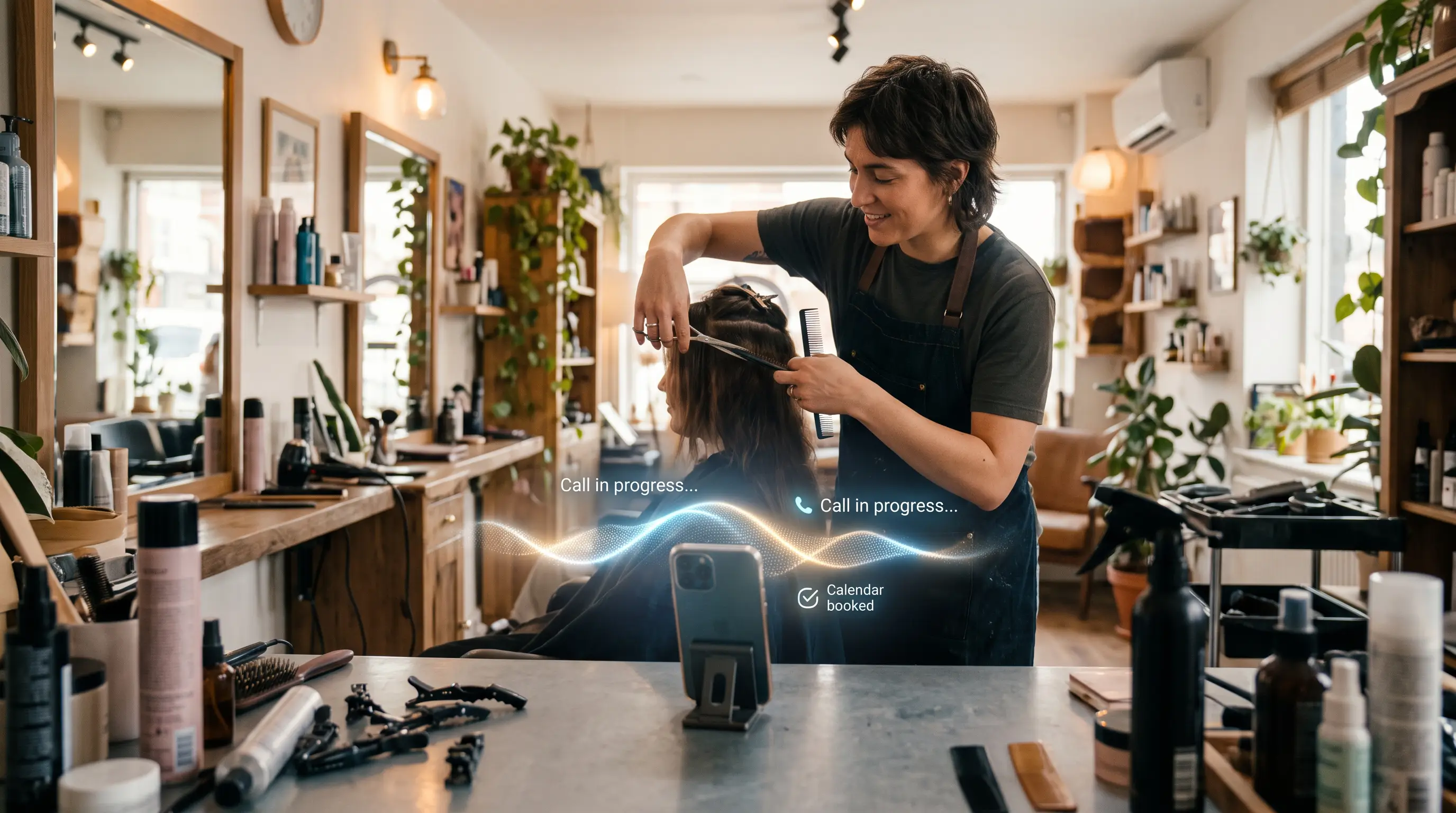Hairdresser working while AI Receptionist confirming an appointment