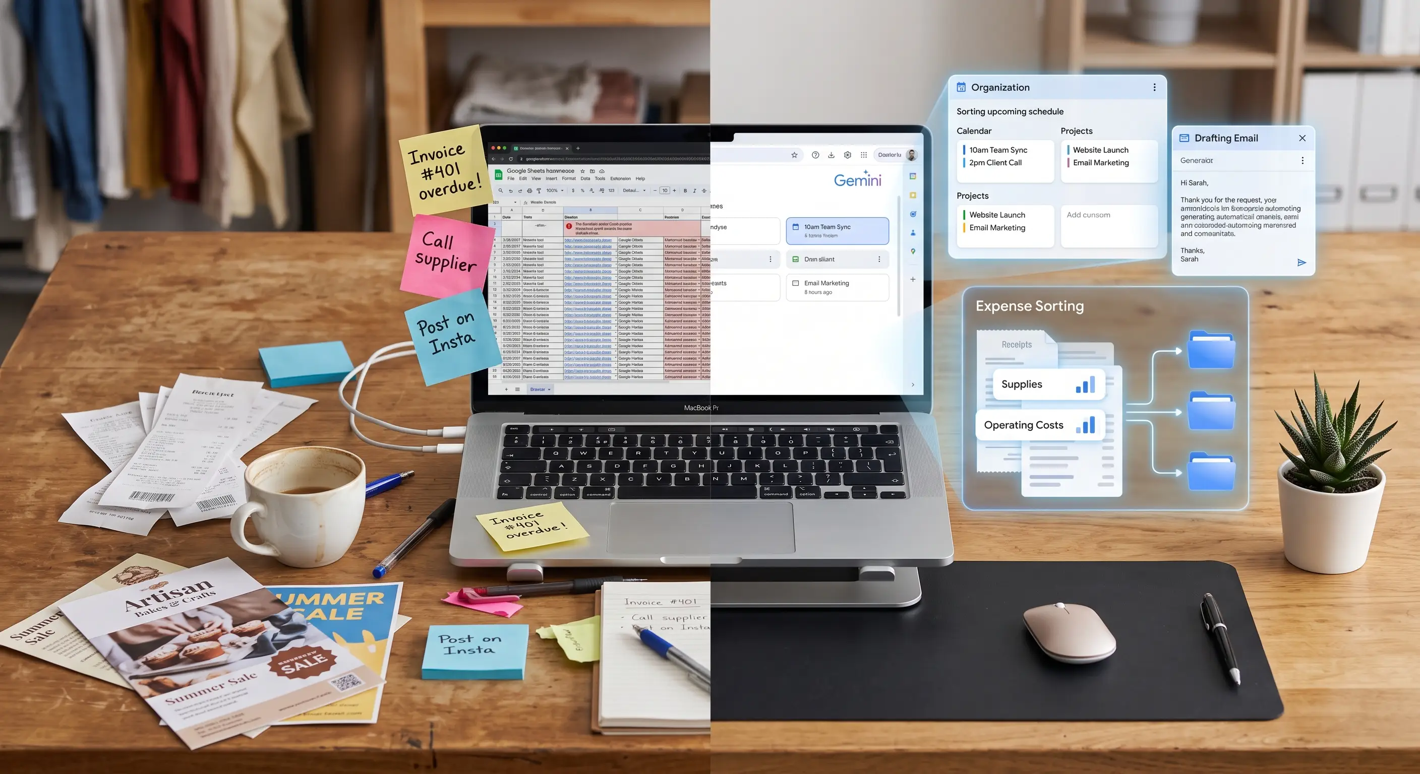 Image showing the disorganized work habits on the left vs. AI organized data on the right.