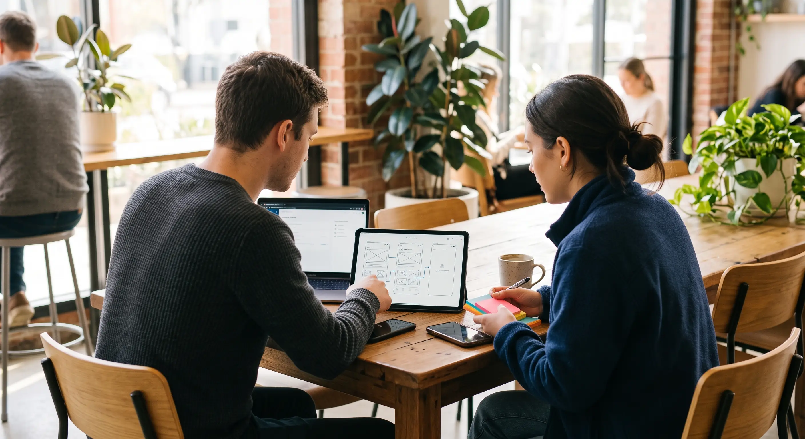 Two founders sitting at a coffee shop discussing their MVP app