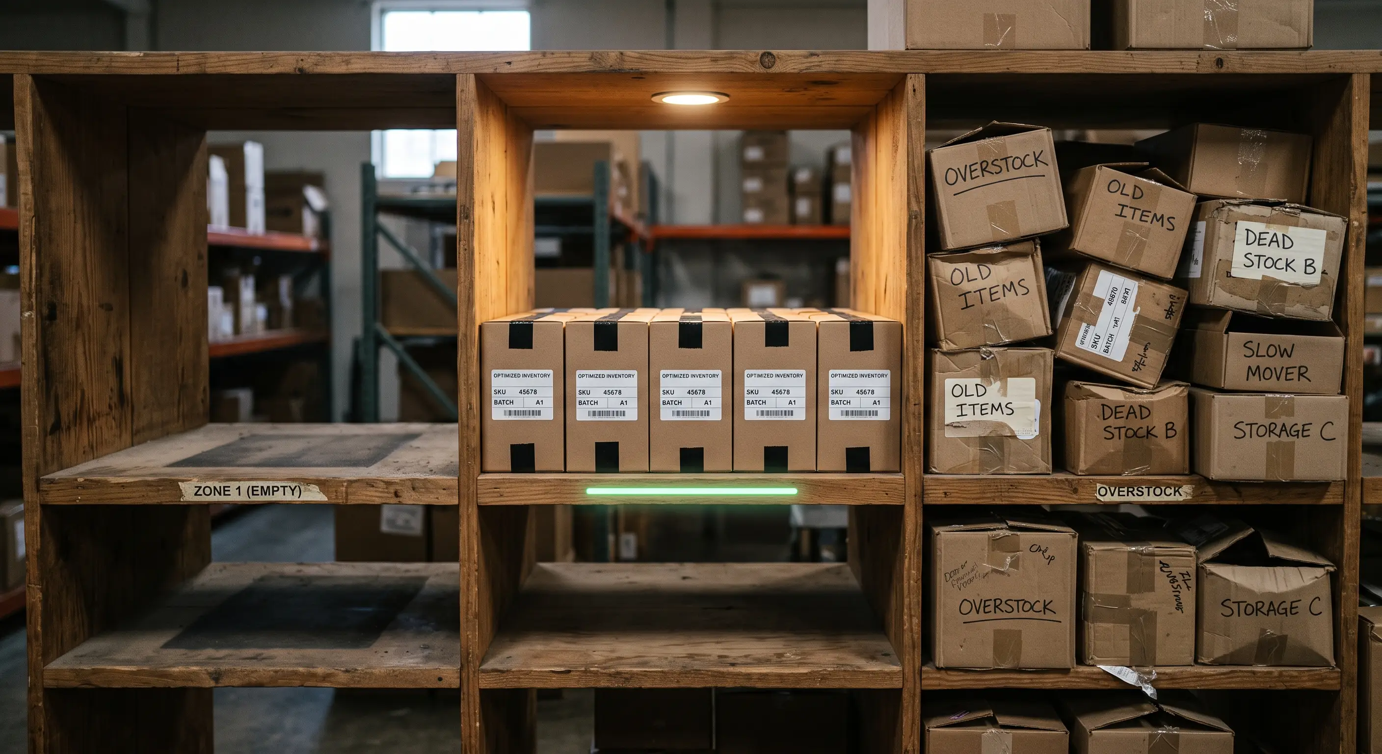 The "Goldilocks Zone" Shelf. Left shelf is completely vacant. Right shelf is a chaotic tower of boxes spilling over. Center shelf is a single, spotlighted shelf section containing a neat, perfectly fitted row of boxes with a subtle green highlight line beneath them.