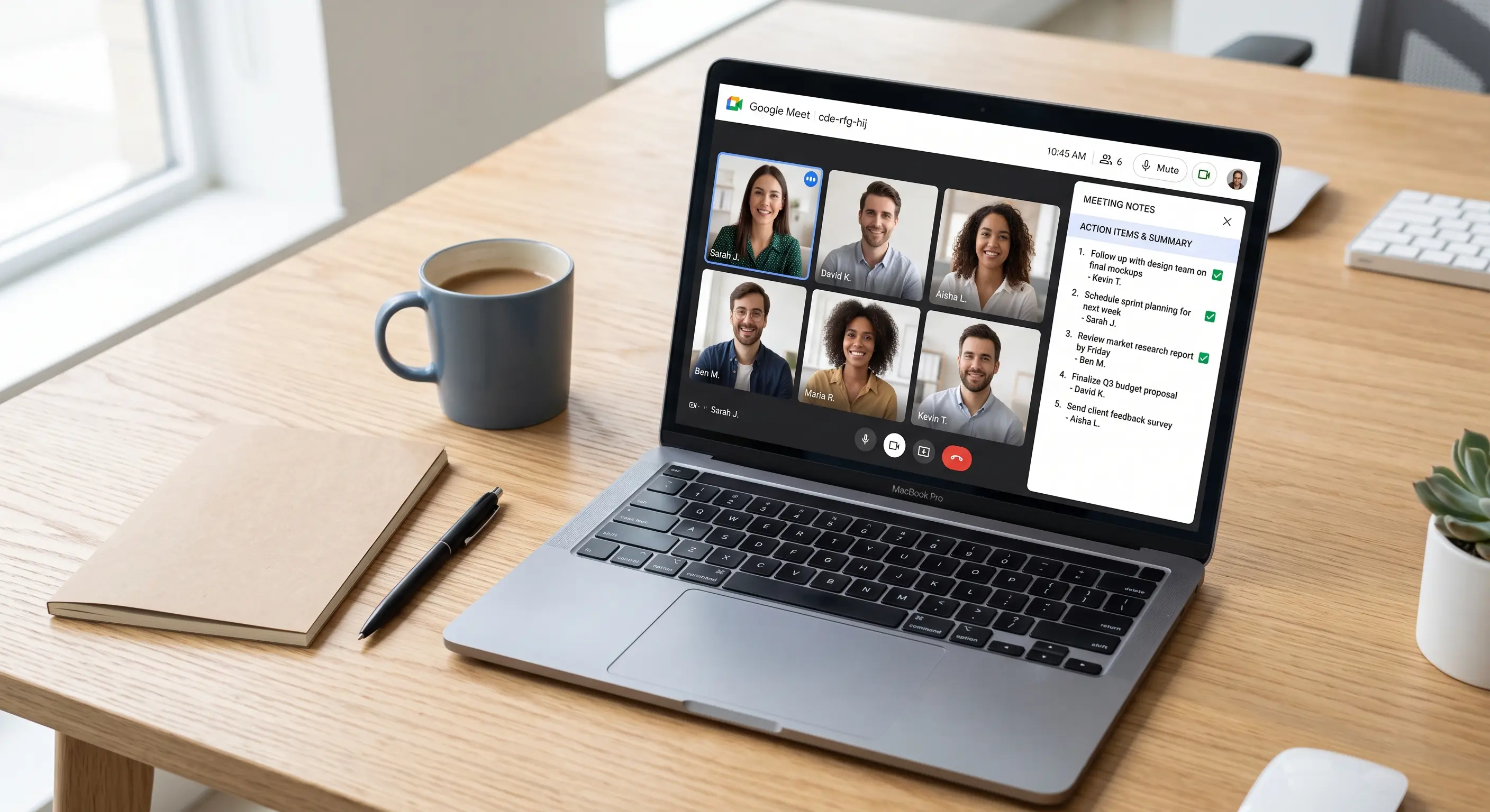 Image of Google Meet application with 6 meeting participants and an Action List on the right.