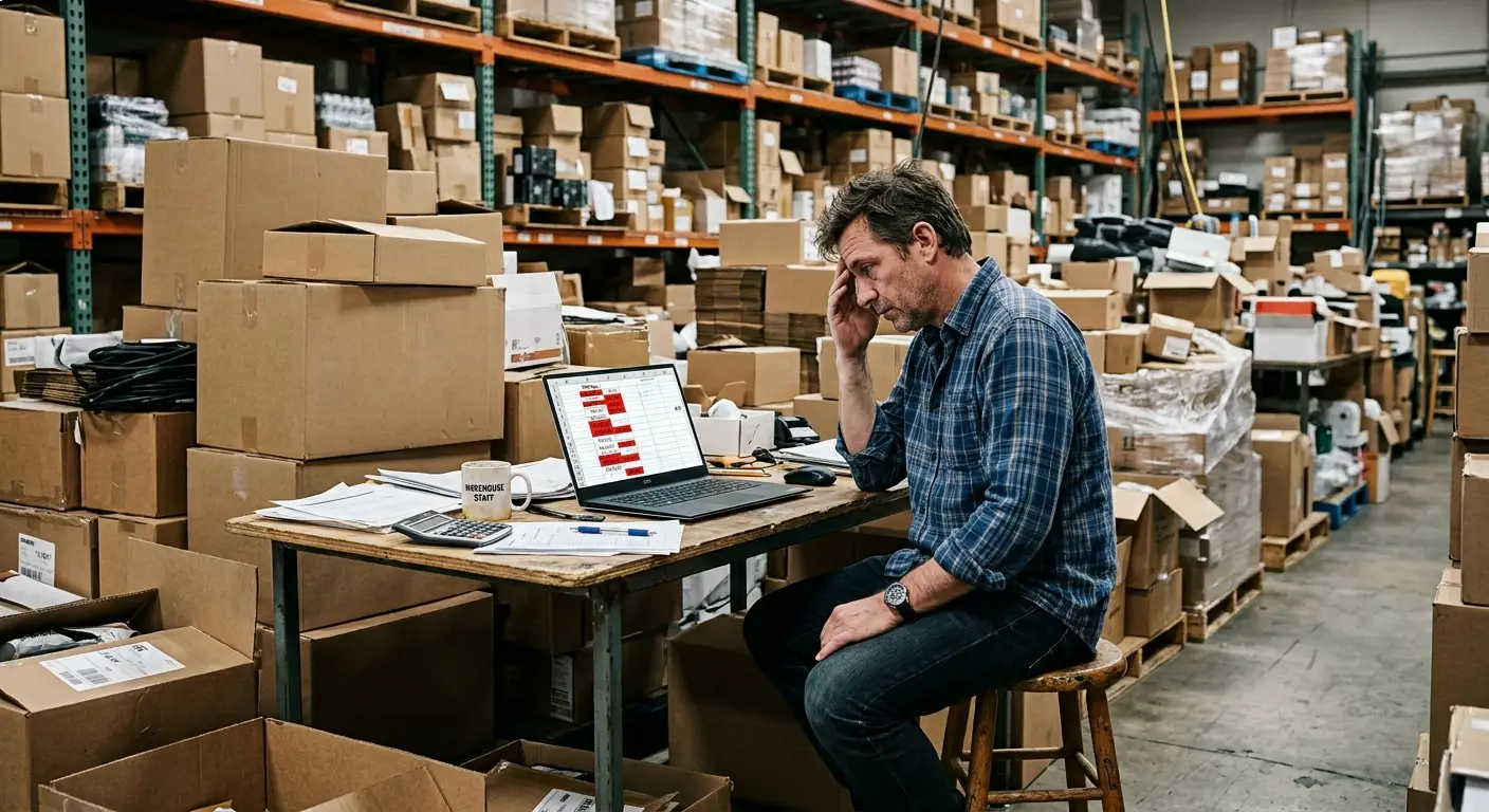 A warehouse manager losing control of overstock. 