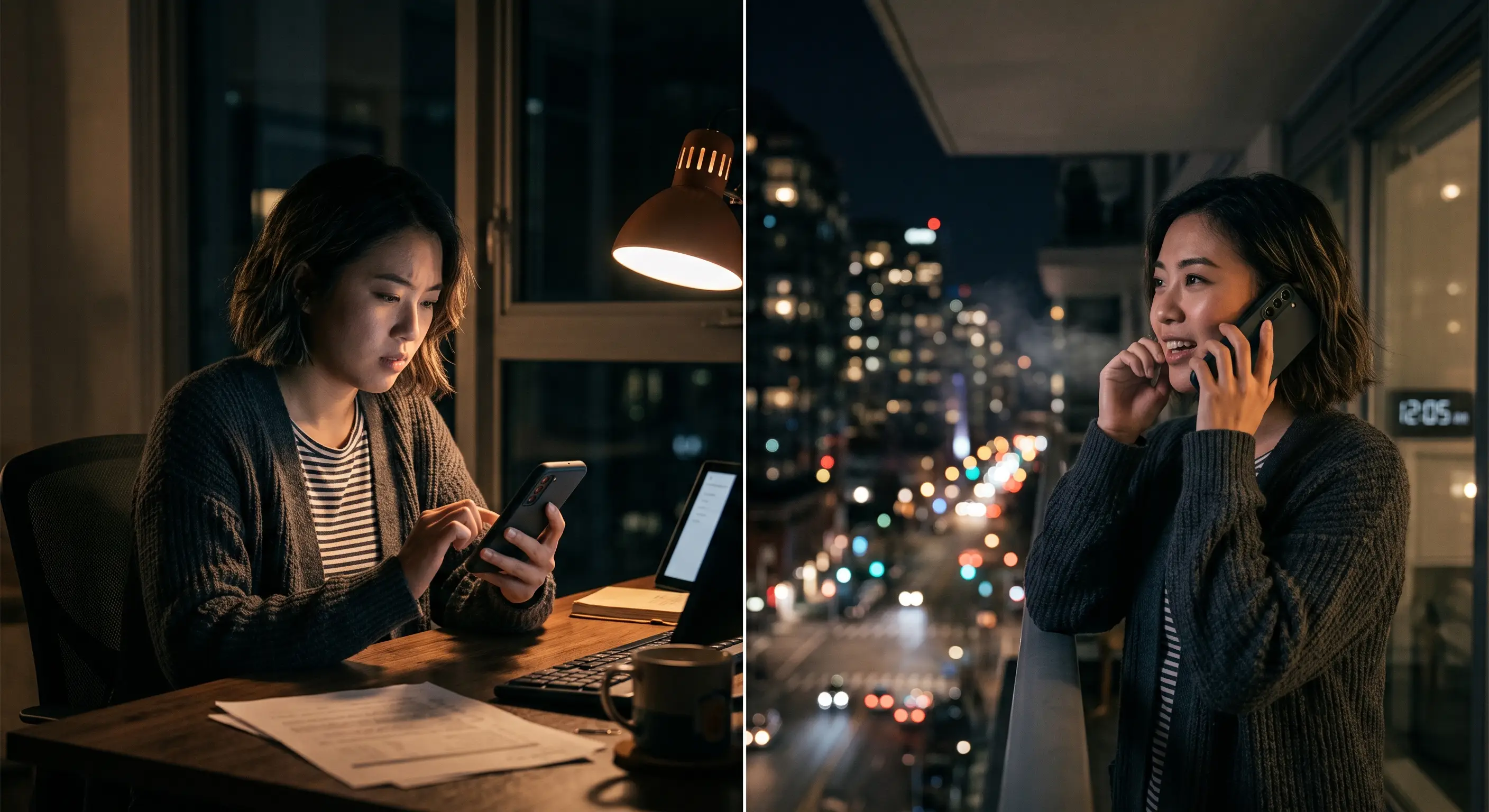 At midnight, a lady texting AI for a business inquiry on the left, and the same lady talking to AI on the phone on the right.