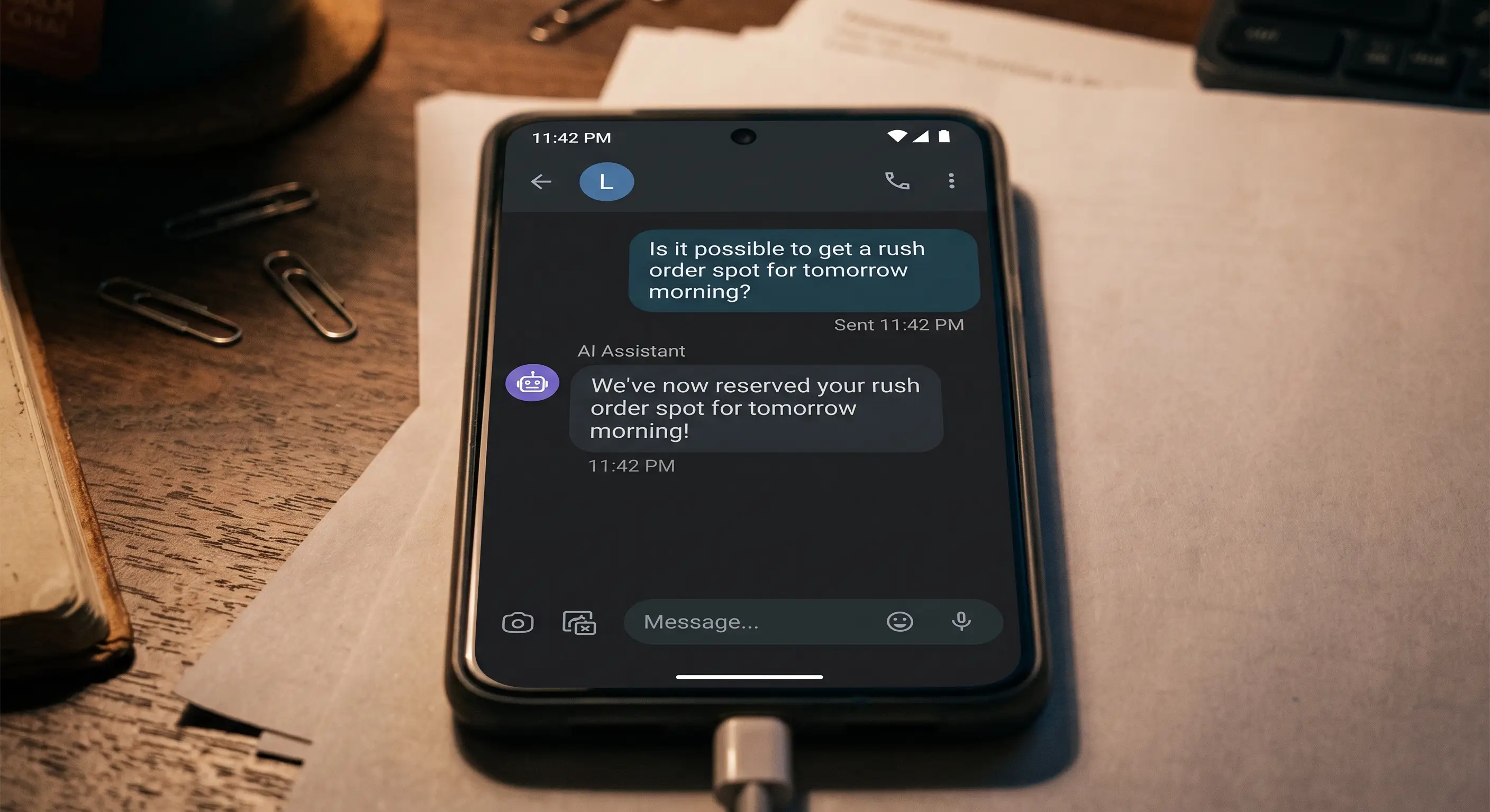 A customer is chatting with AI chatbot at night to make reservations.