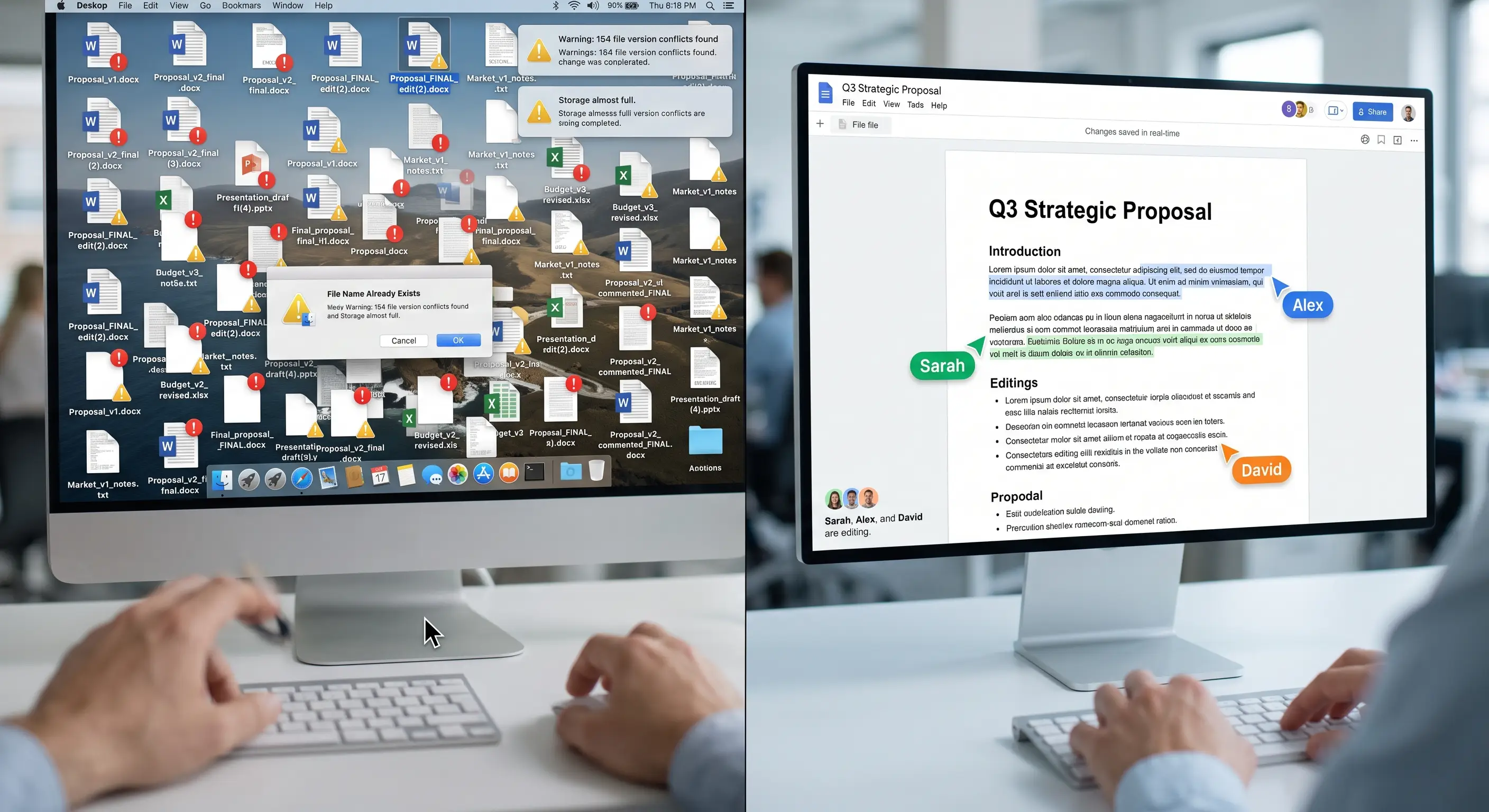 The left image shows difficulting finding the correct version. The right image shows everyone collaborating on Google Docs. There is no version confusion.